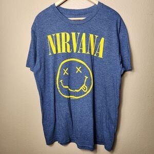 Nirvana Smiley Face Unisex Blue Yellow Short Sleeve Cotton/Polyester Tee-Size L